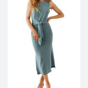 NWOT See You Monday teal ribbed tie waist midi dress‎
